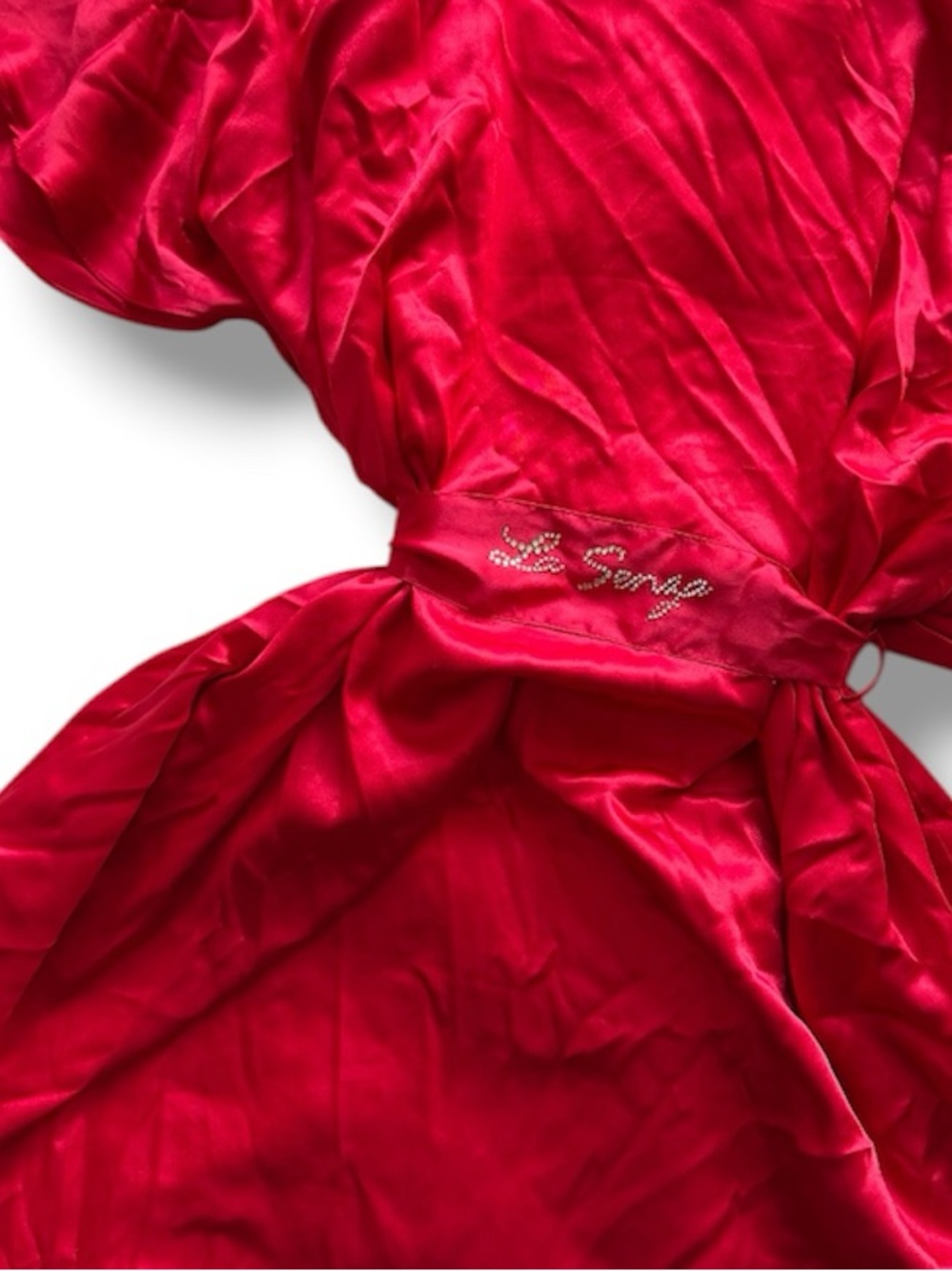La SENZA Vibrant Red Satin Wrap Robe with Bling Logo Side Slit Vintage Y2K L XL